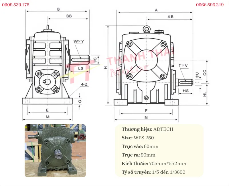 Thông số kỹ thuật và bản vẽ hộp giảm tốc WPS 250