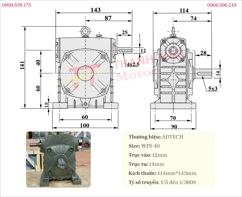 Specifications and drawing of the WPS 40 gearbox
