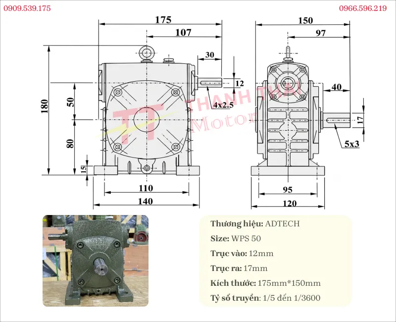 Technical specifications and drawing of the WPS 50 gearbox