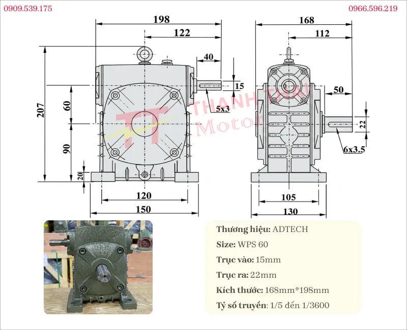 Thông số kỹ thuật và bản vẽ hộp giảm tốc WPS 60