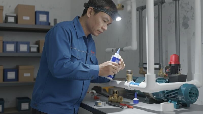 Bôi keo dán, đảm bảo mối nối ống nước van 1 chiều đều chắc chắn và kín đáo.