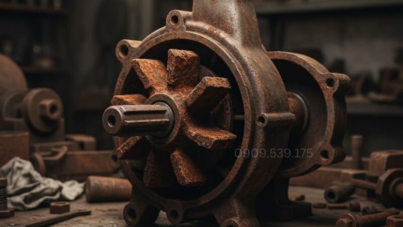 Cánh quạt máy bơm tăng áp và trục bơm bị mòn.
