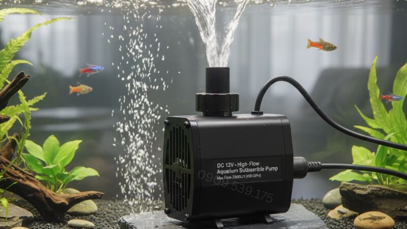 Máy bơm chìm bể cá 12V đa năng còn tích hợp thêm các tính năng như tạo sóng, phun sương hoặc kết nối với hệ thống lọc dưới đáy.