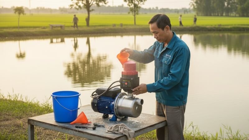 Mồi nước máy bơm tăng áp thủ công qua buồng bơm.