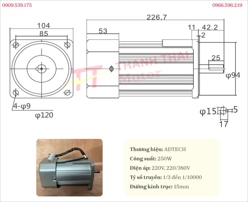 Bản vẽ và thông số kỹ thuật của động cơ điện mini 250w