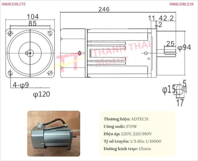 Bản vẽ và thông số kỹ thuật của động cơ điện mini 370w