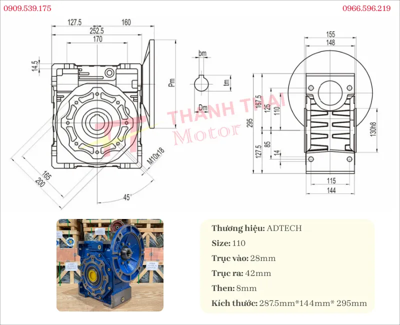 Bản vẽ và thông số kỹ thuật hộp giảm tốc NMRV 110
