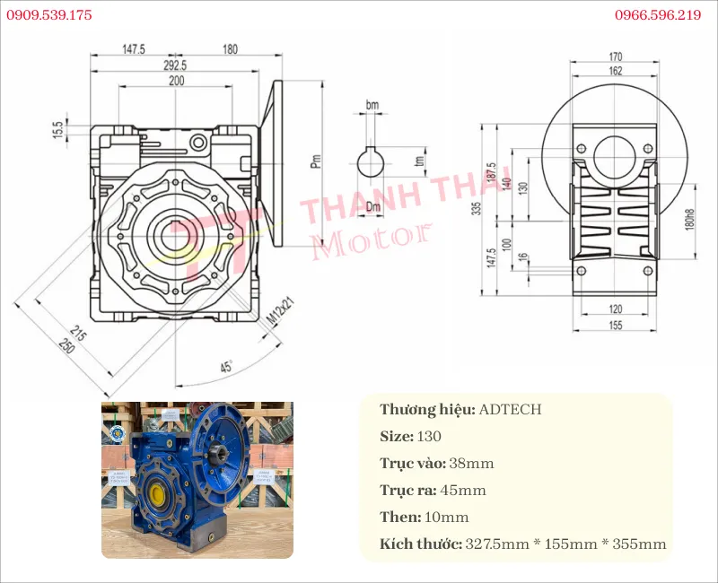 Bản vẽ và thông số kỹ thuật hộp giảm tốc NMRV 130