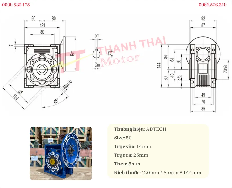 Bản vẽ và thông số kỹ thuật hộp giảm tốc NMRV 50