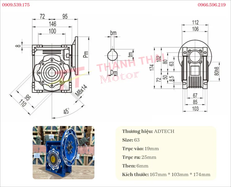 Bản vẽ và thông số kỹ thuật hộp giảm tốc NMRV 63