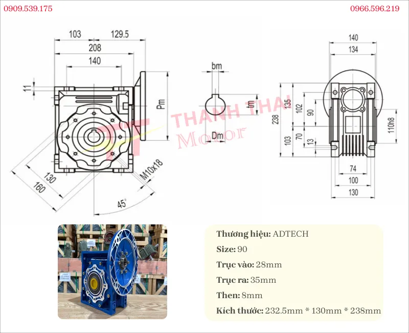 Drawing and technical specifications of the NMRV 90 gearbox