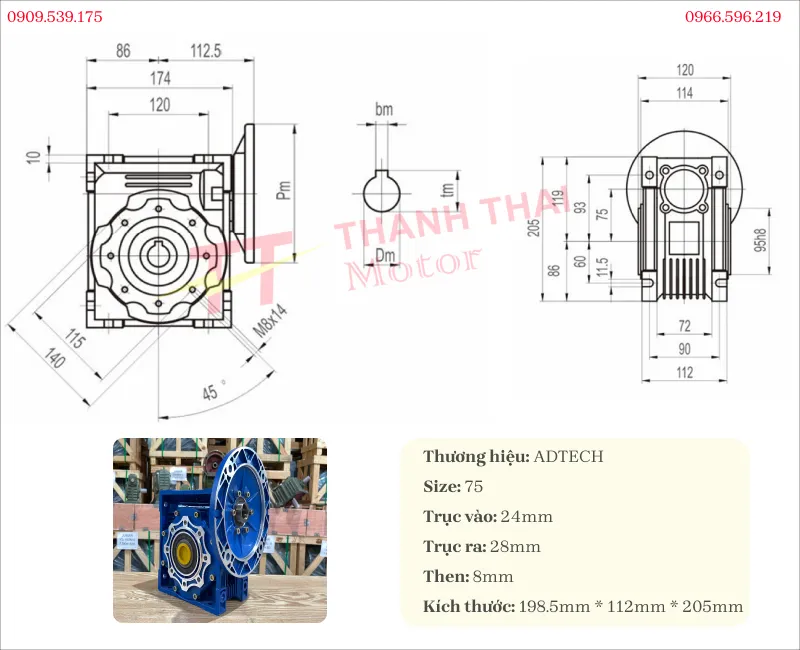 Bản vẽ và thông số kỹ thuật hộp giảm tốc NMRV 75