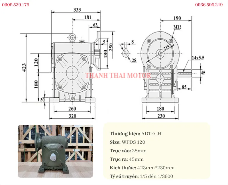 Bản vẽ và thông số kỹ thuật của hộp giảm tốc trục vít WPDS 120