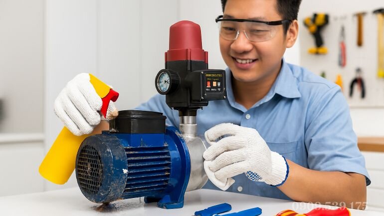 Kỹ thuật viên đang bảo dưỡng, tra dầu và vệ sinh máy bơm nước tăng áp.