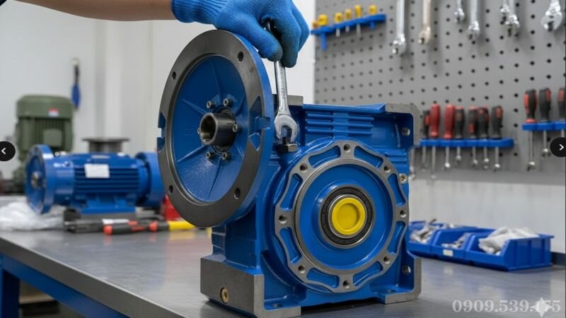 Kỹ thuật viên thực hiện bảo trì, vệ sinh và siết chặt bu lông chân đế hộp giảm tốc.