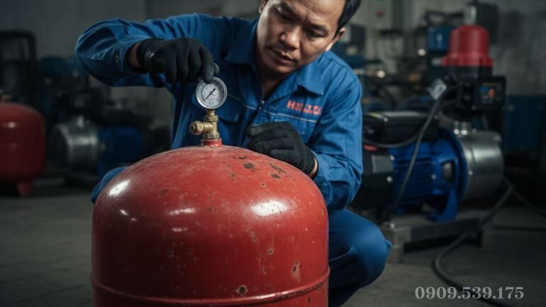 Kiểm tra bình tích áp máy bơm thấy áp suất thấp do thủng ruột hoặc non hơi.