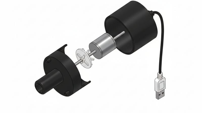 Cấu tạo chi tiết máy bơm chìm mini 5V gồm cánh bơm ly tâm và motor từ tính.