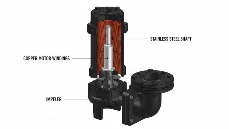 Cấu tạo chi tiết máy bơm chìm gồm vỏ inox, motor dây đồng và cánh bơm ly tâm.
