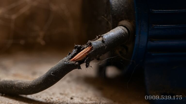 Dây điện nguồn của mô tơ bơm nước tăng áp bị chuột cắn hở lõi đồng gây rò điện.
