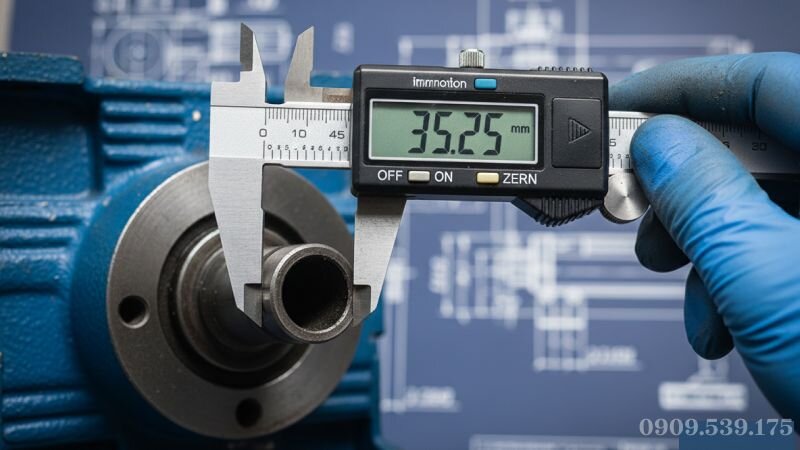 Kỹ thuật viên dùng thước kẹp đo đường kính trục cốt âm hộp giảm tốc NMRV để tránh lỗi lắp đặt.