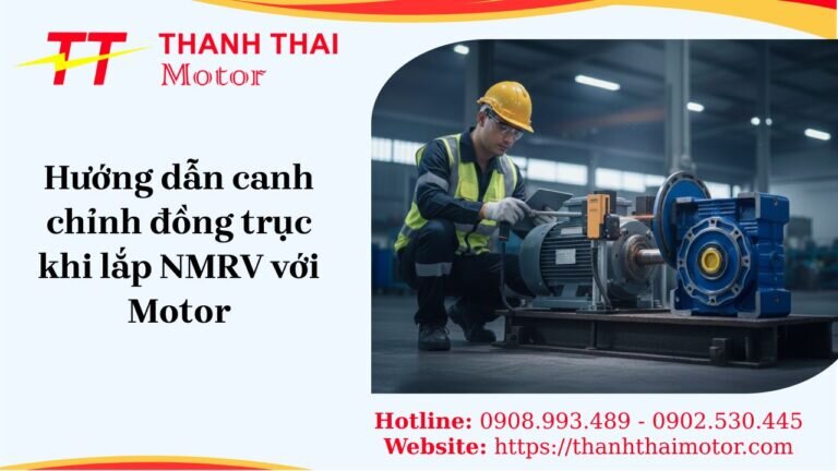 Kỹ thuật viên đang thực hiện canh chỉnh đồng trục khi lắp hộp giảm tốc NMRV với Motor bằng thiết bị laser.
