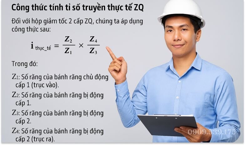 Công thức tính tỉ số truyền thực tế ZQ 2 cấp và ví dụ minh họa