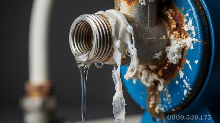 Khớp nối đường ống nước vào máy bơm tăng áp bị lỏng và rò rỉ nước.