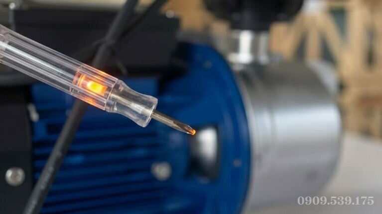 Dùng bút thử điện kiểm tra vỏ máy bơm tăng áp mini 220v thấy đèn báo sáng đỏ.