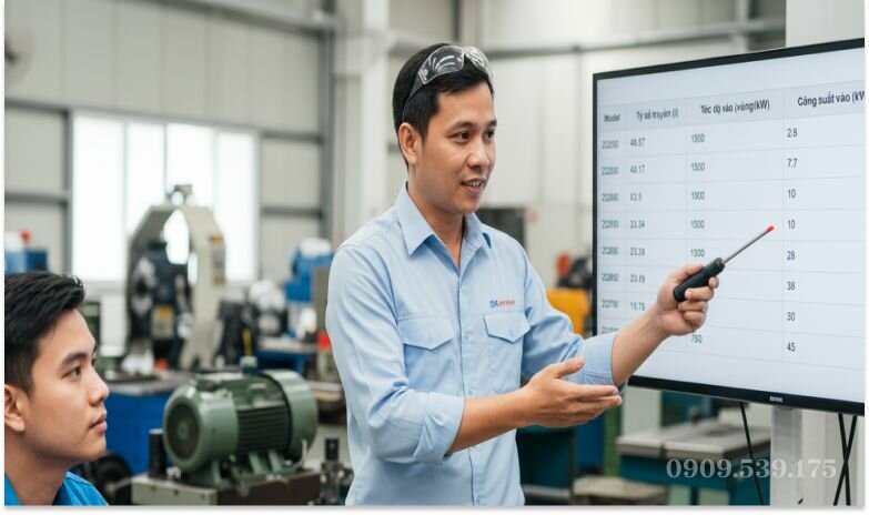 Kỹ sư hướng dẫn cách đọc bảng tra tải trọng ZQ, bước xác định công suất, tỷ số truyền và tra model