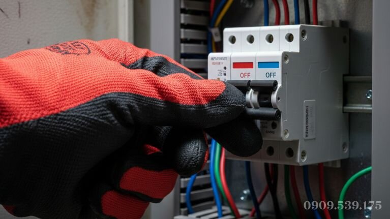 Ngắt cầu dao tổng (Aptomat) ngay lập tức khi phát hiện máy bơm tăng áp bị rò điện để đảm bảo an toàn.
