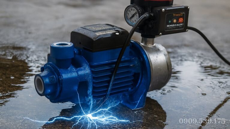 Dòng điện rò rỉ từ motor máy bơm nước truyền qua nước gây nguy cơ chập cháy và điện giật.
