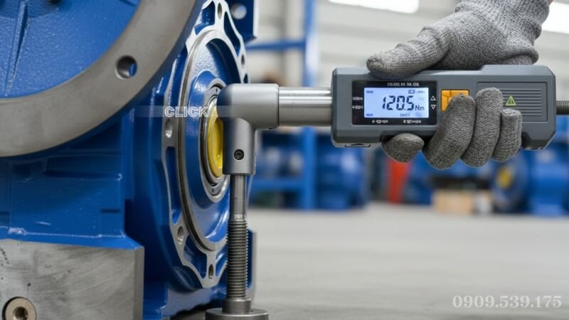 Kỹ thuật viên dùng cờ lê lực siết chặt ốc chân đế hộp giảm tốc theo quy tắc đối xứng.