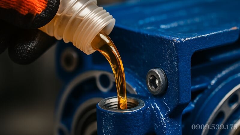 Kỹ thuật viên châm dầu nhớt tổng hợp màu vàng vào hộp giảm tốc motor để giảm ma sát và tiếng ồn.