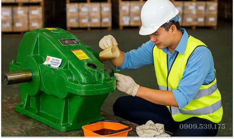 Kỹ thuật viên kiểm tra và thay dầu bôi trơn cho hộp giảm tốc ZQ