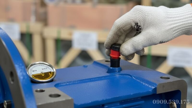 Thay nút thông hơi và kiểm tra mức dầu nhớt cho hộp giảm tốc NMRV.