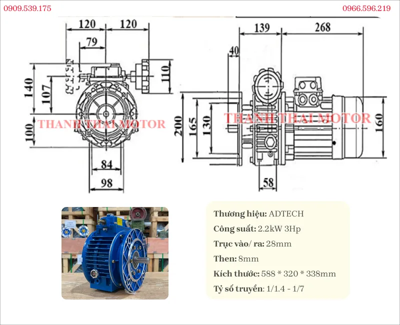 Technical specifications of the UDL 2.2kW 3Hp mechanical speed variator gearbox