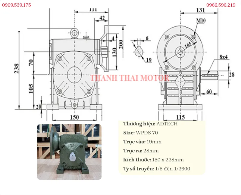 Specifications of the WPDS 70 worm gearbox