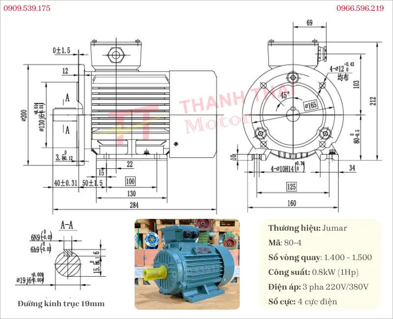 Thông số kỹ thuật và bản vẽ động cơ điện 3 pha 0.8kW 1Hp