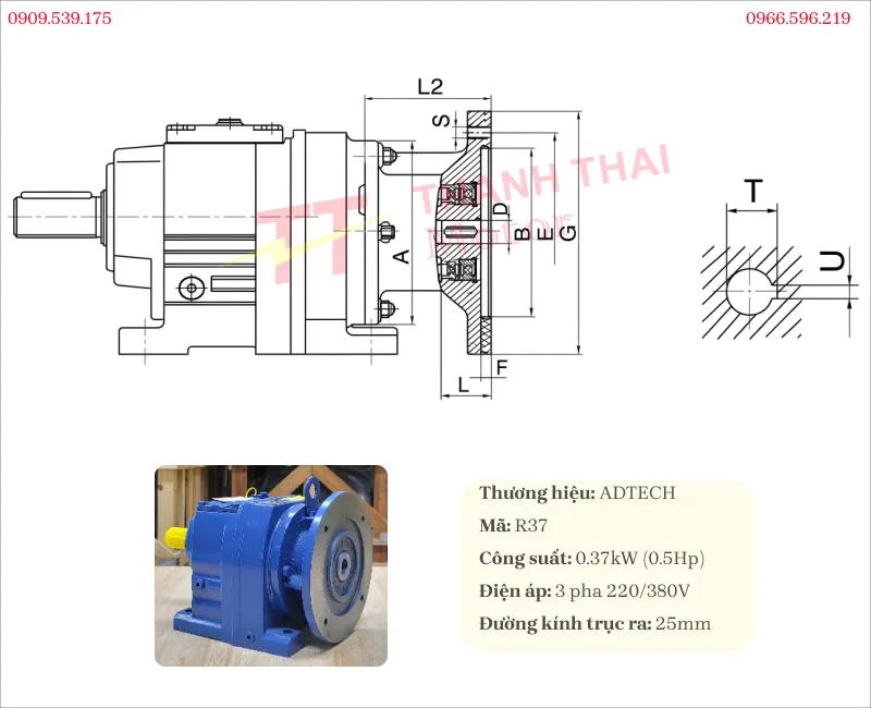 Thông số kỹ thuật và bản vẽ hộp giảm ốc tải nặng trục thẳng R37