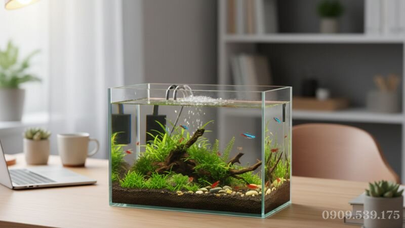 Ứng dụng máy bơm chìm mini 5V tạo dòng chảy cho hồ cá thủy sinh để bàn.