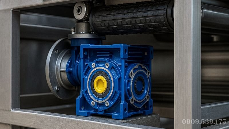Hộp giảm tốc NMRV được lắp đặt gọn gàng trong không gian máy móc hạn chế.
