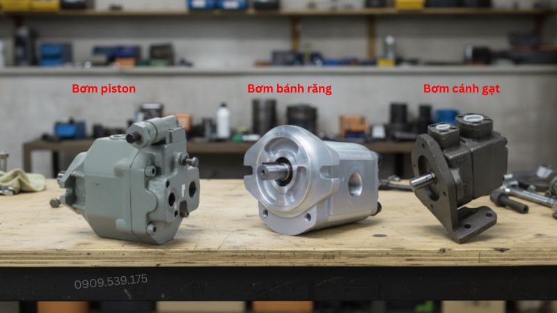 Ba loại bơm thủy lực chính được sử dụng rộng rãi trong hệ thống: Bơm bánh răng, bơm cánh gạt, và bơm piston.