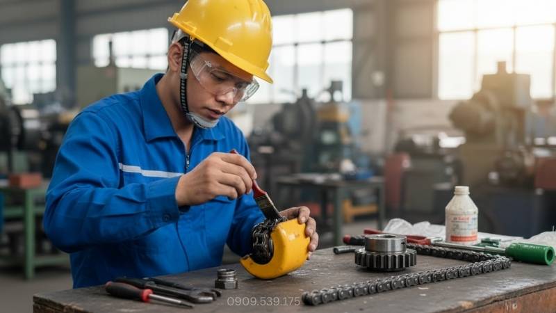 Bảo dưỡng khớp nối xích thường xuyên giúp các mắt xích và răng đĩa chịu tải tốt, hạn chế ma sát khô và ngăn ngừa hư hỏng sớm.