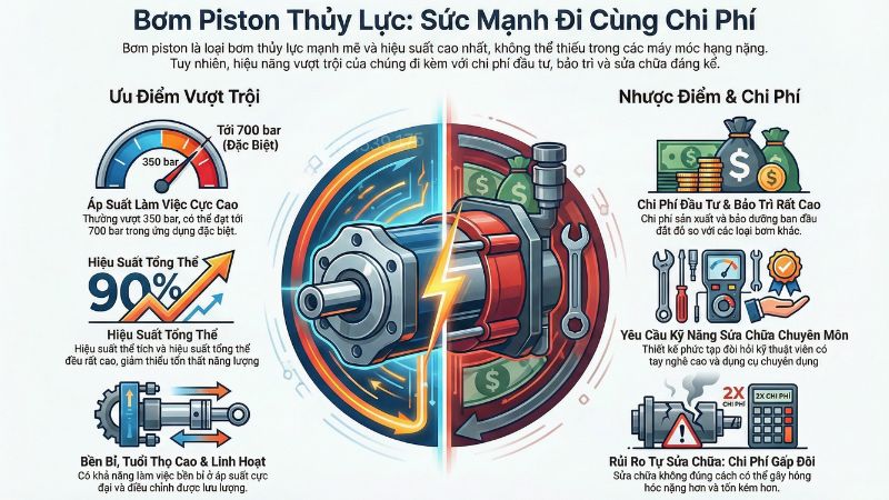 Bơm piston là loại bơm thủy lực phức tạp nhất về mặt cấu tạo sử dụng chuyển động tịnh tiến của các piston để hút và đẩy chất lỏng.