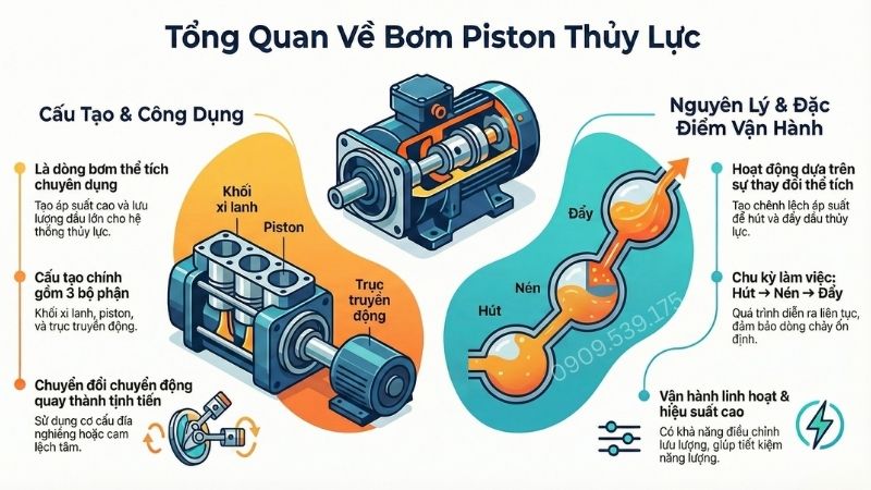 Bơm piston thủy lực được thiết kế đặc biệt để tạo ra áp suất và lưu lượng dầu lớn trong hệ thống thủy lực.