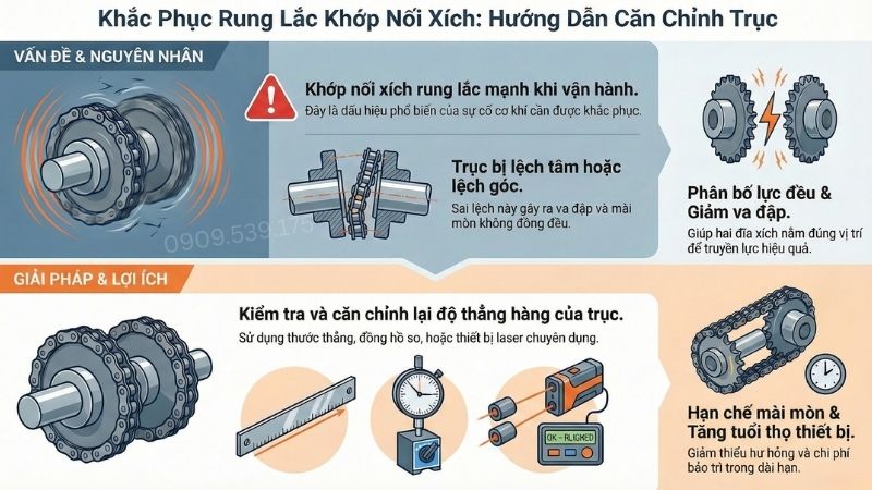 Căn chỉnh lại trục và khớp nối cần kiểm tra kỹ độ thẳng hàng của trục bằng thước thẳng, đồng hồ so hoặc thiết bị laser chuyên dụng.