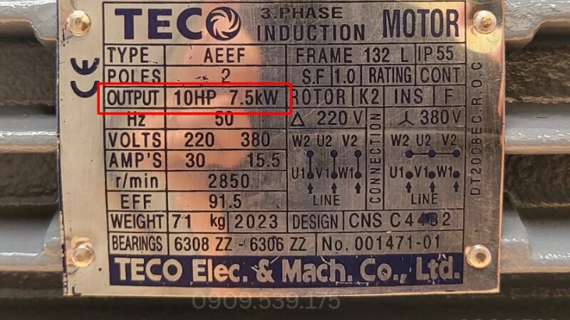 Công suất của mô tơ bơm nước (thường tính bằng HP hoặc kW).