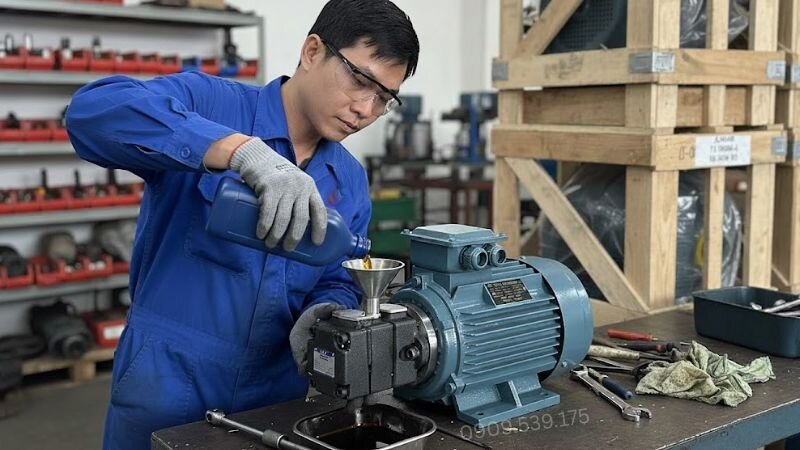 Đổ dầu để mồi máy bơm dầu thủy lực sau đó nối ống và cấp điện chạy thử.