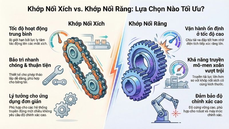 Hiệu suất hoạt động của khớp nối xích và khớp nối răng.