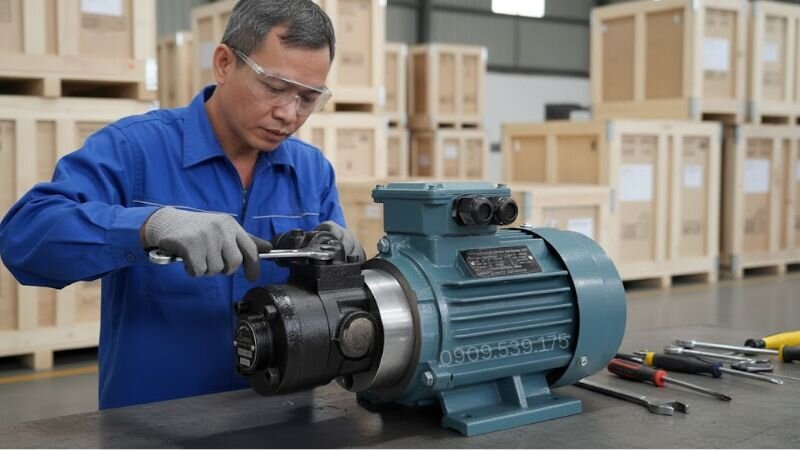 Kết nối bơm dầu thủy lực thẳng hàng với trục mô tơ điện.